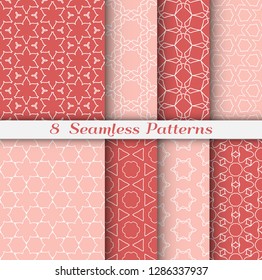 Seamless pattern set in arabic style. Stylish geometric line art white on colorful background. Repeating hexagonal texture for wallpaper, card, invitation, banner, fabric print. Tribal ethnic ornament