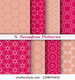 Seamless pattern set in arabic style. Stylish geometric line art white on colorful background. Repeating hexagonal texture for wallpaper, card, invitation, banner, fabric print. Tribal ethnic ornament