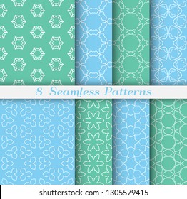 Seamless pattern set in arabic style. Stylish geometric line art white on colorful background. Repeating hexagonal texture for wallpaper, card, invitation, banner, fabric print. Tribal ethnic ornament