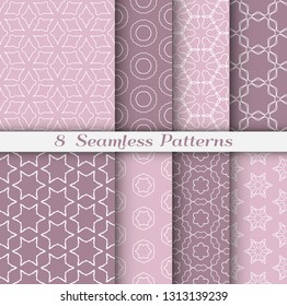 Seamless pattern set in arabic style. Stylish geometric line art white on colorful background. Repeating hexagonal texture for wallpaper, card, invitation, banner, fabric print. Tribal ethnic ornament