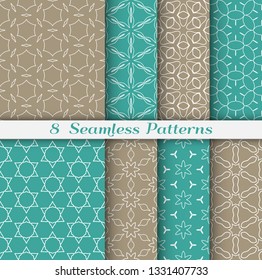 Seamless pattern set in arabic style. Stylish geometric line art white on colorful background. Repeating hexagonal texture for wallpaper, card, invitation, banner, fabric print. Tribal ethnic ornament