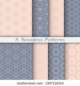 Seamless pattern set in arabic style. Stylish geometric line art white on colorful background. Repeating hexagonal texture for wallpaper, card, invitation, banner, fabric print. Tribal ethnic ornament