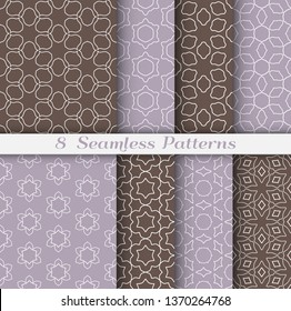 Seamless pattern set in arabic style. Stylish geometric line art white on colorful background. Repeating hexagonal texture for wallpaper, card, invitation, banner, fabric print. Tribal ethnic ornament