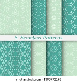 Seamless pattern set in arabic style. Stylish geometric line art white on colorful background. Repeating hexagonal texture for wallpaper, card, invitation, banner, fabric print. Tribal ethnic ornament