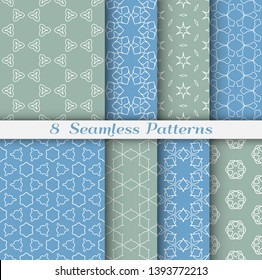 Seamless pattern set in arabic style. Stylish geometric line art white on colorful background. Repeating hexagonal texture for wallpaper, card, invitation, banner, fabric print. Tribal ethnic ornament