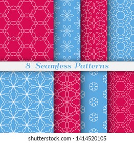 Seamless pattern set in arabic style. Stylish geometric line art white on colorful background. Repeating hexagonal texture for wallpaper, card, invitation, banner, fabric print. Tribal ethnic ornament