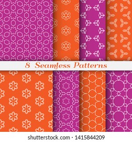 Seamless pattern set in arabic style. Stylish geometric line art white on colorful background. Repeating hexagonal texture for wallpaper, card, invitation, banner, fabric print. Tribal ethnic ornament