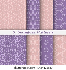 Seamless pattern set in arabic style. Stylish geometric line art white on colorful background. Repeating hexagonal texture for wallpaper, card, invitation, banner, fabric print. Tribal ethnic ornament