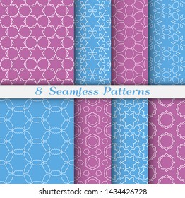 Seamless pattern set in arabic style. Stylish geometric line art white on colorful background. Repeating hexagonal texture for wallpaper, card, invitation, banner, fabric print. Tribal ethnic ornament