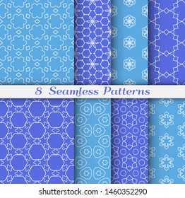 Seamless pattern set in arabic style. Stylish geometric line art white on colorful background. Repeating hexagonal texture for wallpaper, card, invitation, banner, fabric print. Tribal ethnic ornament