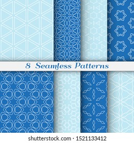Seamless pattern set in arabic style. Stylish geometric line art white on colorful background. Repeating hexagonal texture for wallpaper, card, invitation, banner, fabric print. Tribal ethnic ornament