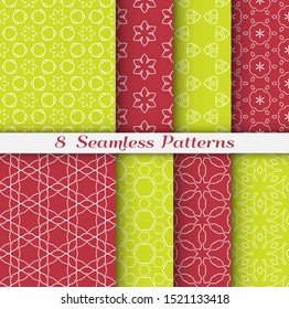 Seamless pattern set in arabic style. Stylish geometric line art white on colorful background. Repeating hexagonal texture for wallpaper, card, invitation, banner, fabric print. Tribal ethnic ornament