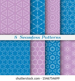Seamless pattern set in arabic style. Stylish geometric line art white on colorful background. Repeating hexagonal texture for wallpaper, card, invitation, banner, fabric print. Tribal ethnic ornament