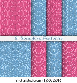 Seamless pattern set in arabic style. Stylish geometric line art white on colorful background. Repeating hexagonal texture for wallpaper, card, invitation, banner, fabric print. Tribal ethnic ornament