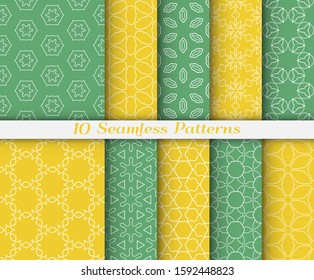 Seamless pattern set in arabic style. Stylish graphic colored geometric linear background. Line art texture for wallpaper, card, invitation, banner, fabric print. Ethnic ornament, vector illustration