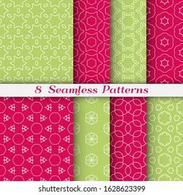 Seamless pattern set in arabic style. Stylish geometric line art white on colorful background. Repeating hexagonal texture for wallpaper, card, invitation, banner, fabric print. Tribal ethnic ornament