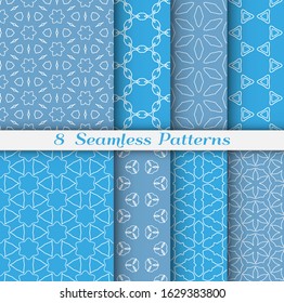 Seamless pattern set in arabic style. Stylish geometric line art white on colorful background. Repeating hexagonal texture for wallpaper, card, invitation, banner, fabric print. Tribal ethnic ornament