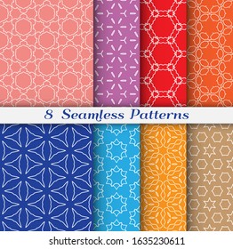 Seamless pattern set in arabic style. Stylish geometric line art white on colorful background. Repeating hexagonal texture for wallpaper, card, invitation, banner, fabric print. Tribal ethnic ornament