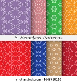 Seamless pattern set in arabic style. Stylish geometric line art white on colorful background. Repeating hexagonal texture for wallpaper, card, invitation, banner, fabric print. Tribal ethnic ornament