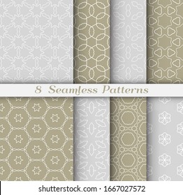 Seamless pattern set in arabic style. Stylish geometric line art white on colorful background. Repeating hexagonal texture for wallpaper, card, invitation, banner, fabric print. Tribal ethnic ornament