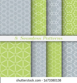 Seamless pattern set in arabic style. Stylish geometric line art white on colorful background. Repeating hexagonal texture for wallpaper, card, invitation, banner, fabric print. Tribal ethnic ornament