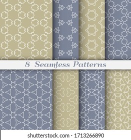 Seamless pattern set in arabic style. Stylish geometric line art white on colorful background. Repeating hexagonal texture for wallpaper, card, invitation, banner, fabric print. Tribal ethnic ornament