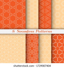 Seamless pattern set in arabic style. Stylish geometric line art white on colorful background. Repeating hexagonal texture for wallpaper, card, invitation, banner, fabric print. Tribal ethnic ornament