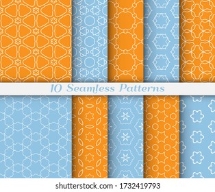 Seamless pattern set in arabic style. Stylish graphic colored geometric linear background. Line art texture for wallpaper, card, invitation, banner, fabric print. Ethnic ornament, vector illustration
