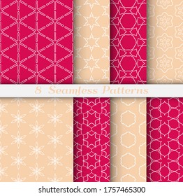 Seamless pattern set in arabic style. Stylish geometric line art white on colorful background. Repeating hexagonal texture for wallpaper, card, invitation, banner, fabric print. Tribal ethnic ornament