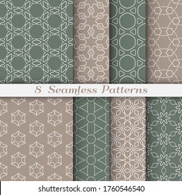 Seamless pattern set in arabic style. Stylish geometric line art white on colorful background. Repeating hexagonal texture for wallpaper, card, invitation, banner, fabric print. Tribal ethnic ornament