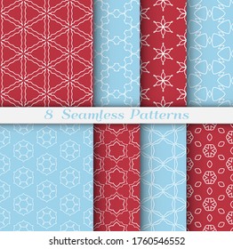 Seamless pattern set in arabic style. Stylish geometric line art white on colorful background. Repeating hexagonal texture for wallpaper, card, invitation, banner, fabric print. Tribal ethnic ornament