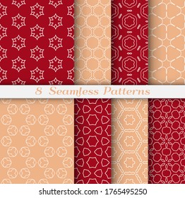 Patrón sin brillo establecido en estilo árabe. Arte de línea geométrica de diseño blanco sobre fondo colorido. Textura hexagonal repetitiva para papel de pared, tarjeta, invitación, banner, impresión de tela. Ornamento étnico tribal