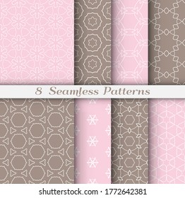 Seamless pattern set in arabic style. Stylish geometric line art white on colorful background. Repeating hexagonal texture for wallpaper, card, invitation, banner, fabric print. Tribal ethnic ornament