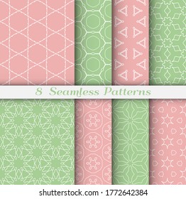 Seamless pattern set in arabic style. Stylish geometric line art white on colorful background. Repeating hexagonal texture for wallpaper, card, invitation, banner, fabric print. Tribal ethnic ornament