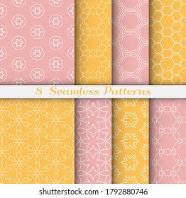 Seamless pattern set in arabic style. Stylish geometric line art white on colorful background. Repeating hexagonal texture for wallpaper, card, invitation, banner, fabric print. Tribal ethnic ornament