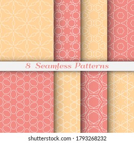 Seamless pattern set in arabic style. Stylish geometric line art white on colorful background. Repeating hexagonal texture for wallpaper, card, invitation, banner, fabric print. Tribal ethnic ornament