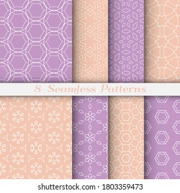 Seamless pattern set in arabic style. Stylish geometric line art white on colorful background. Repeating hexagonal texture for wallpaper, card, invitation, banner, fabric print. Tribal ethnic ornament