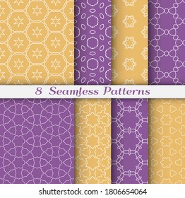 Seamless pattern set in arabic style. Stylish geometric line art white on colorful background. Repeating hexagonal texture for wallpaper, card, invitation, banner, fabric print. Tribal ethnic ornament
