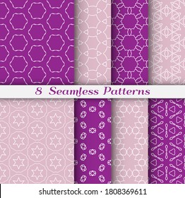 Seamless pattern set in arabic style. Stylish geometric line art white on colorful background. Repeating hexagonal texture for wallpaper, card, invitation, banner, fabric print. Tribal ethnic ornament