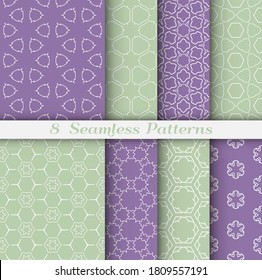 Seamless pattern set in arabic style. Stylish geometric line art white on colorful background. Repeating hexagonal texture for wallpaper, card, invitation, banner, fabric print. Tribal ethnic ornament