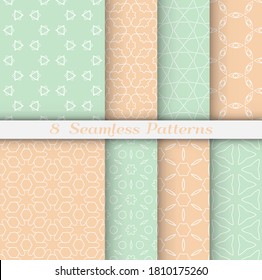 Seamless pattern set in arabic style. Stylish geometric line art white on colorful background. Repeating hexagonal texture for wallpaper, card, invitation, banner, fabric print. Tribal ethnic ornament