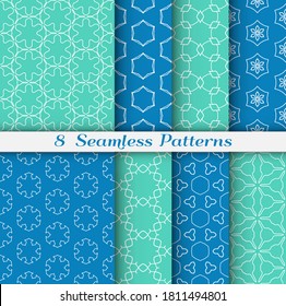 Seamless pattern set in arabic style. Stylish geometric line art white on colorful background. Repeating hexagonal texture for wallpaper, card, invitation, banner, fabric print. Tribal ethnic ornament