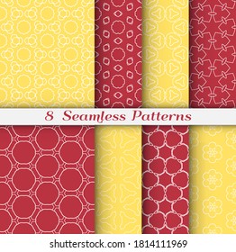 Seamless pattern set in arabic style. Stylish geometric line art white on colorful background. Repeating hexagonal texture for wallpaper, card, invitation, banner, fabric print. Tribal ethnic ornament
