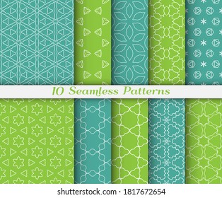 Seamless pattern set in arabic style. Stylish graphic colored geometric linear background. Line art texture for wallpaper, card, invitation, banner, fabric print. Ethnic ornament, vector illustration