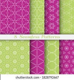 Seamless pattern set in arabic style. Stylish geometric line art white on colorful background. Repeating hexagonal texture for wallpaper, card, invitation, banner, fabric print. Tribal ethnic ornament