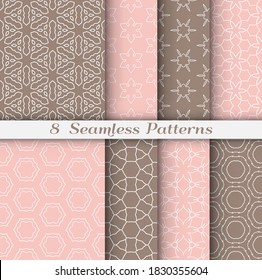 Seamless pattern set in arabic style. Stylish geometric line art white on colorful background. Repeating hexagonal texture for wallpaper, card, invitation, banner, fabric print. Tribal ethnic ornament