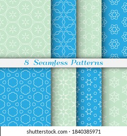 Seamless pattern set in arabic style. Stylish geometric line art white on colorful background. Repeating hexagonal texture for wallpaper, card, invitation, banner, fabric print. Tribal ethnic ornament
