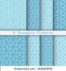 Seamless pattern set in arabic style. Stylish geometric line art white on colorful background. Repeating hexagonal texture for wallpaper, card, invitation, banner, fabric print. Tribal ethnic ornament