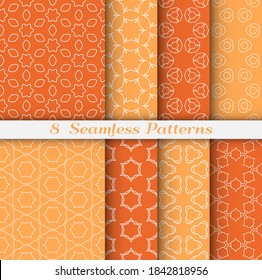 Seamless pattern set in arabic style. Stylish geometric line art white on colorful background. Repeating hexagonal texture for wallpaper, card, invitation, banner, fabric print. Tribal ethnic ornament
