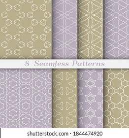 Seamless pattern set in arabic style. Stylish geometric line art white on colorful background. Repeating hexagonal texture for wallpaper, card, invitation, banner, fabric print. Tribal ethnic ornament